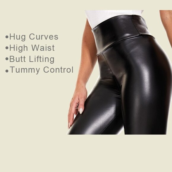 Faux Leather Leggings Tummy Control High Waisted Stretch Dressy Shiny Pleather - Picture 7 of 9
